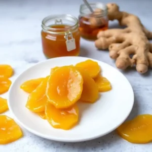 Gingembre Confit au Miel Une délicieuse confiserie de gingembre à la douceur du miel pour accompagner vos thés. Ce gingembre confit est parfait pour ajouter une touche sucrée et épicée à vos moments de détente.