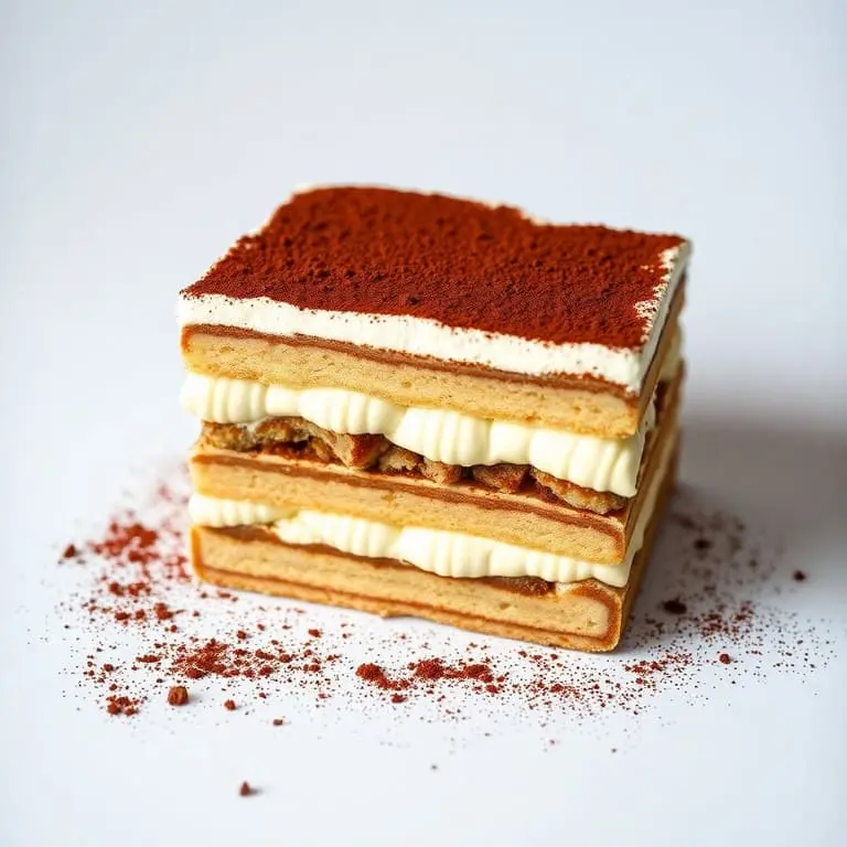 Photo d’un tiramisu maison crémeux avec des couches de mascarpone, des biscuits imbibés de café, et saupoudré de cacao en poudre, présenté dans un plat élégant.