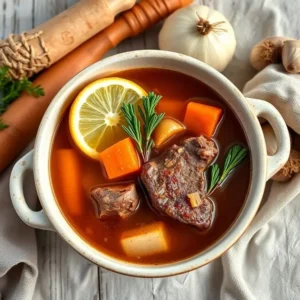 Bouillon d'os de grand-mère, recette de grand-mère avec os mijotés, légumes frais et herbes aromatiques, idéal pour un repas réconfortant.
