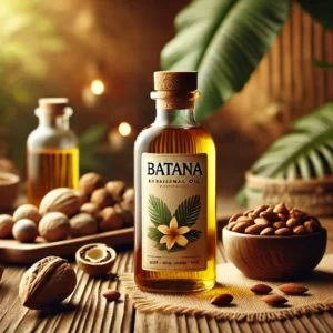 huile de batana bienfaits​ dorée, entourée de graines et de feuilles tropicales, posée sur une table en bois, avec un décor tropical en arrière-plan. bienfaits de l'huile de Batana