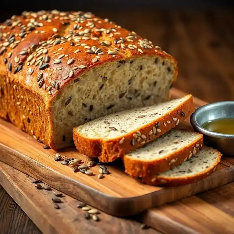 Pain sans gluten fait maison, doré et moelleux, posé sur une planche en bois avec une tranche coupée. Recette Parfaite du Pain Sans Gluten
