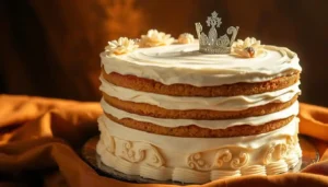 Gâteau Reine Elizabeth moelleux, garni d’un glaçage à la noix de coco, servi sur une assiette. Si tu veux des ajustements, fais-moi savoir