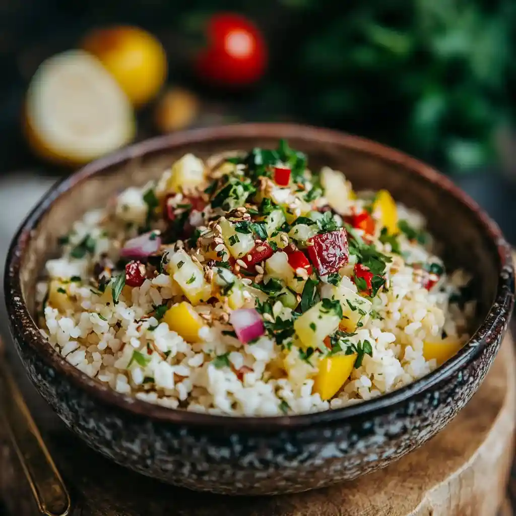Assortiment de recettes de taboulé avec différentes variantes : oriental, au poulet, aux crevettes et aux légumes, joliment présentés dans des bols colorés.