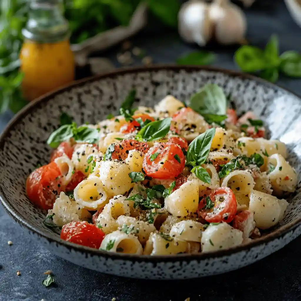 Recette pour Salade de pâtes colorée avec tomates cerises, concombres, olives, feta et herbes fraîches dans un grand bol.