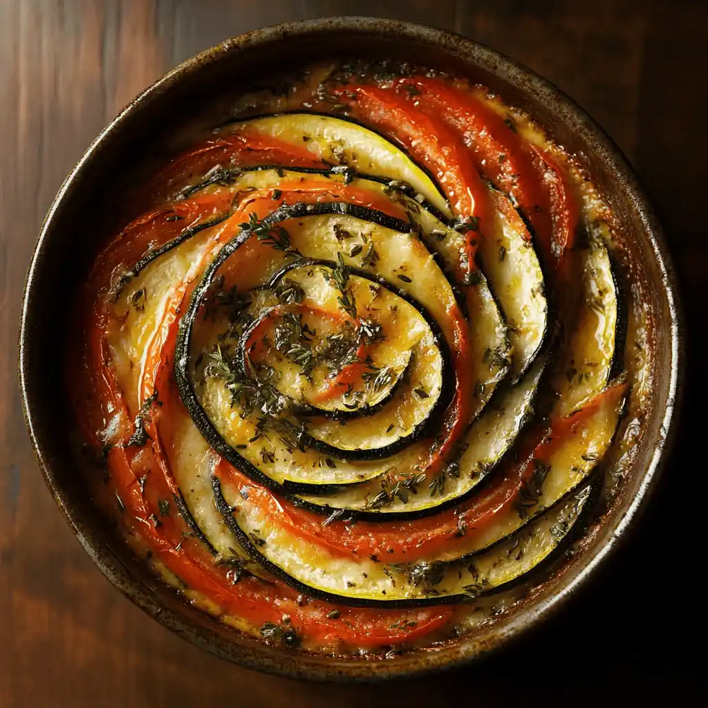 Gratin de courgettes et tomates avec une croûte dorée au fromage, légumes finement tranchés en spirale, herbes fraîches sur le dessus, éclairage naturel et appétissant.