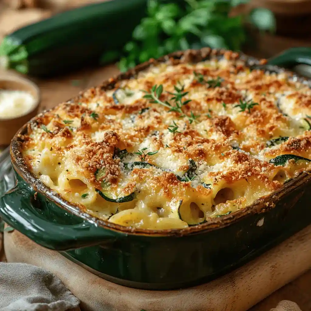 Gratin de courgette et pâte , doré, servi dans un plat en céramique rustique avec des ingrédients frais autour.