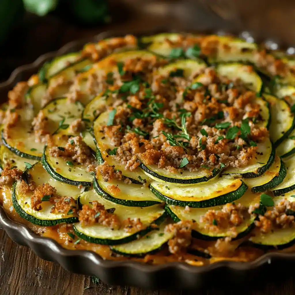 Gratin de courgettes à la viande hachée avec une croûte dorée, légumes finement tranchés en couches, fromage fondu, herbes fraîches sur le dessus, éclairage naturel.