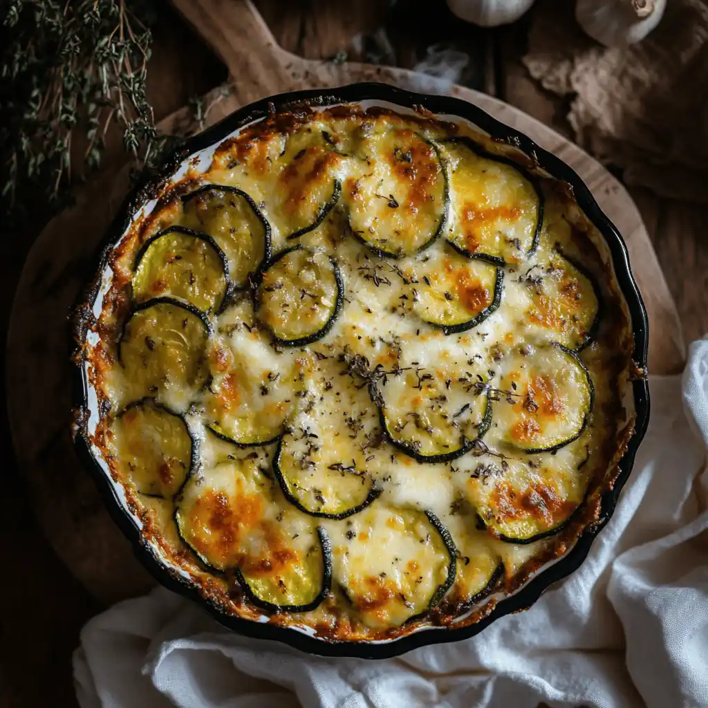 Gratin de courgette doré préparé avec le Thermomix, servi chaud dans un plat en céramique