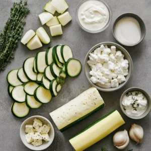 Ingrédients frais pour un gratin de courgettes chef étoilé : courgettes, ail, oignon, herbes de Provence, chapelure et fromage râpé.