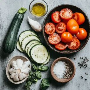 Dispositions d'ingrédients frais pour un gratin de courgettes et tomates : courgettes tranchées, tomates mûres, ail, oignon, herbes fraîches, huile d'olive et parmesan, avec une touche de sel et poivre.