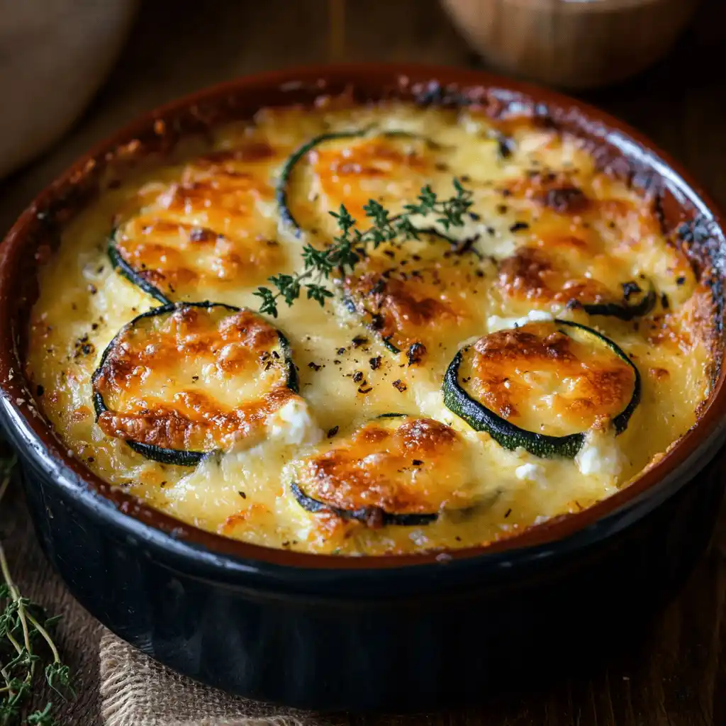 Gratin de courgettes au chèvre doré avec une croûte croustillante et du fromage fondu dans un plat en céramique rustique, garni de thym frais.