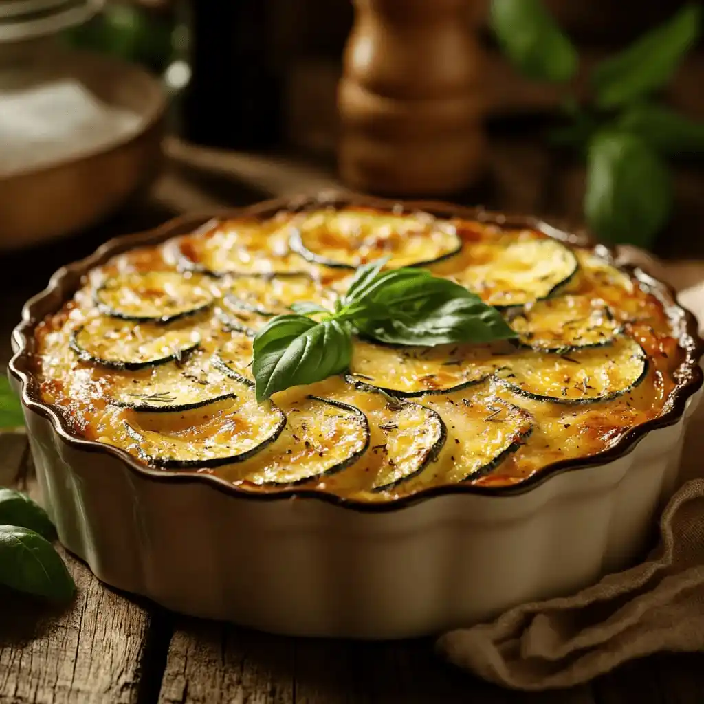 Gratin de courgettes chef étoilé, et croustillant avec des herbes fraîches, servi dans un plat élégant. Une recette légère et gourmande digne d'un chef étoilé