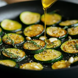 Sauté de courgettes en tranches avec de l'ail et du thym dans une poêle, dorées à l'huile d'olive, créant une texture tendre et appétissante