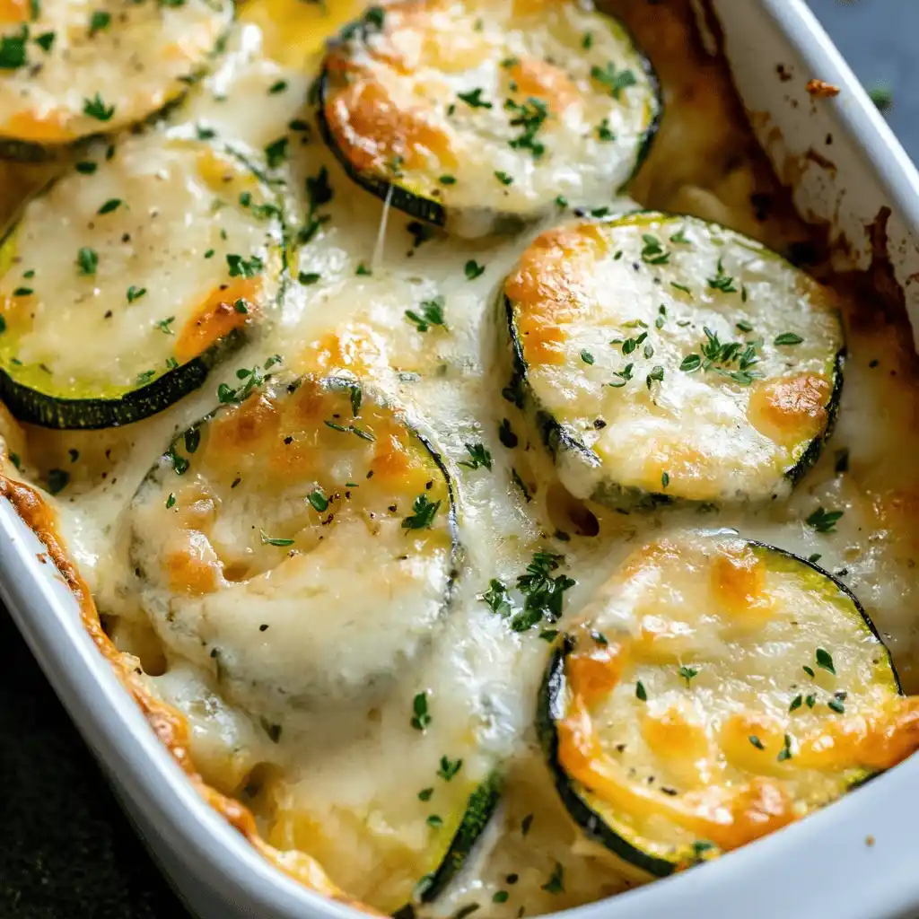 Gratin aux courgettes et pommes de terre doré avec fromage fondu et herbes fraîches, prêt à être servi.