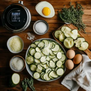 Ingrédients frais pour gratin de courgette au Thermomix disposés sur une table