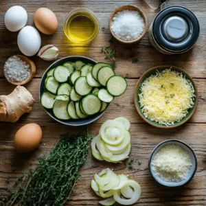 ngrédients du gratin de courgettes : courgettes fraîches, œufs, crème légère, ail, oignon, herbes, fromage râpé, huile d’olive