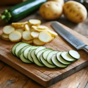 Courgettes et pommes de terre coupées en rondelles sur une planche à découper en bois, prêtes à être utilisées dans un gratin.