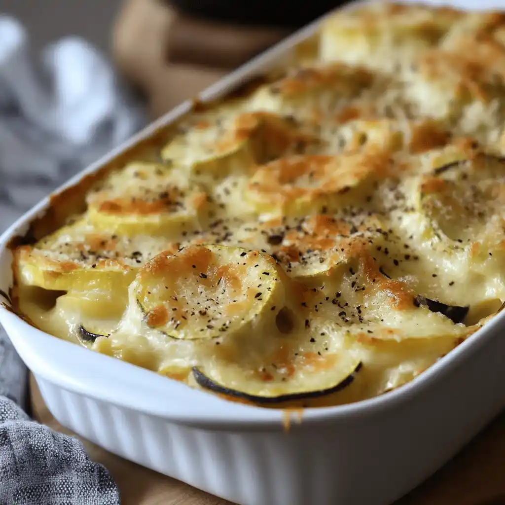 Gratin de courgette et pâtes doré et crémeux servi dans un plat à gratin