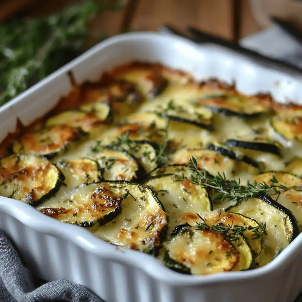 Gratin de courgettes doré au four dans un plat à gratin, servi avec des herbes fraîches
