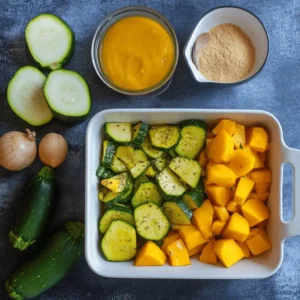 Ingrédients frais pour gratin de courgette et butternut : courgettes, butternut, crème, fromage.