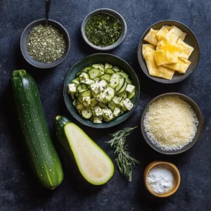 Ingrédients frais pour gratin de courgettes au four sans précuisson, disposés sur un plan de travail