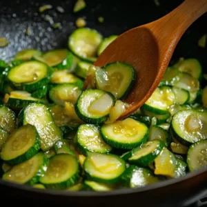 Courgettes, oignon et ail en train de revenir dans une poêle pour un gratin végétarien