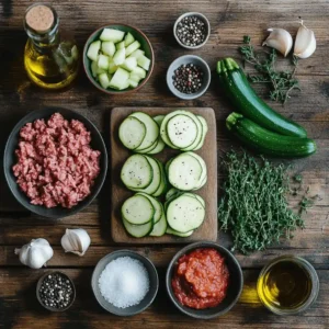 "Vue du dessus des ingrédients frais pour un gratin de courgettes à la viande hachée : courgettes tranchées, viande hachée crue, oignon émincé, gousses d’ail, fromage râpé, concentré de tomate, huile d’olive, herbes fraîches, sel et poivre