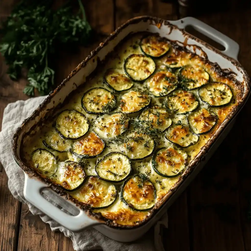 Gratin de courgettes au four sans précuisson, doré et croustillant dans un plat en céramique