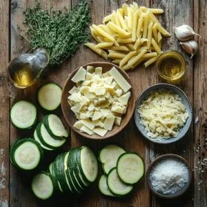 Ingrédients frais pour gratin de courgette et pâte : courgettes tranchées, pâtes cuites, fromage râpé, ail, crème, huile d'olive, sel, poivre et thym, sur fond rustique.