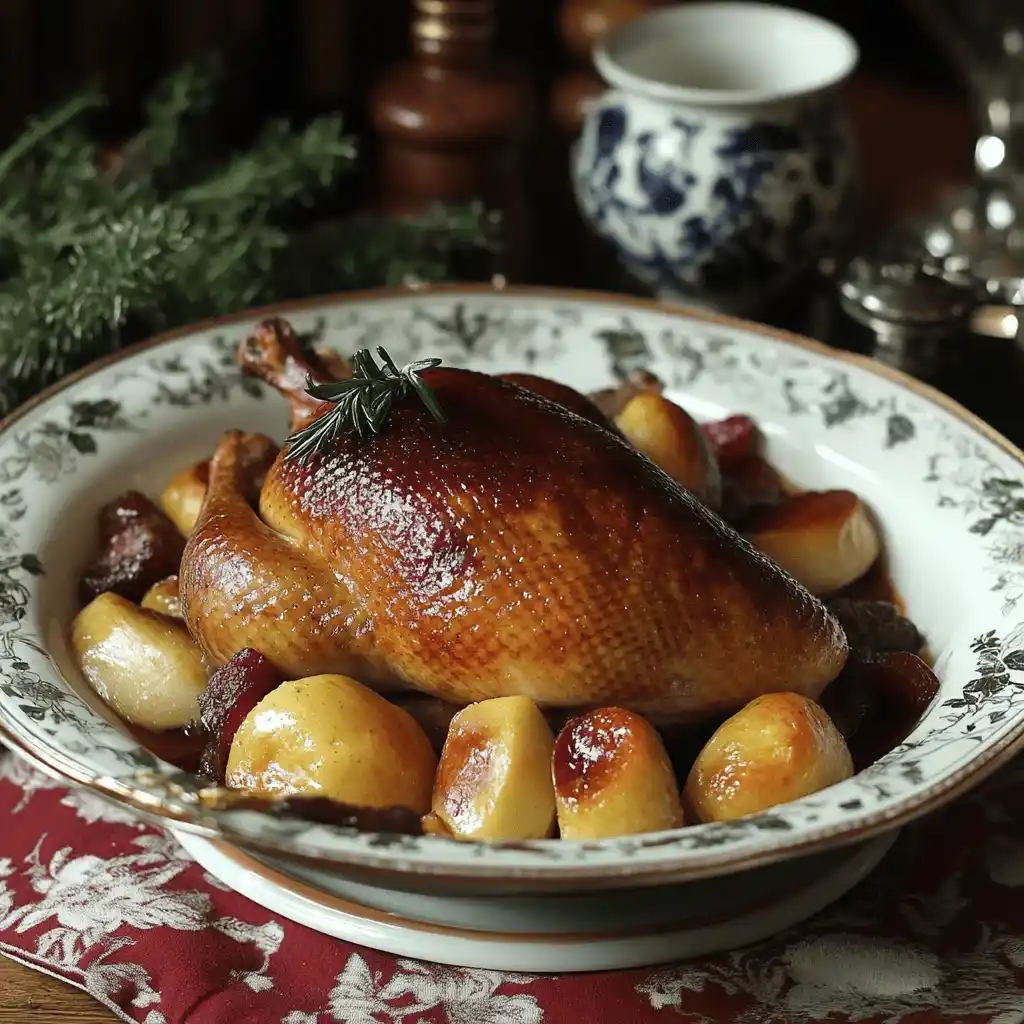 Canette Recette de Grand-Mère mijotée à l’ancienne avec carottes, pommes de terre et herbes, servie dans une cocotte traditionnelle en fonte.