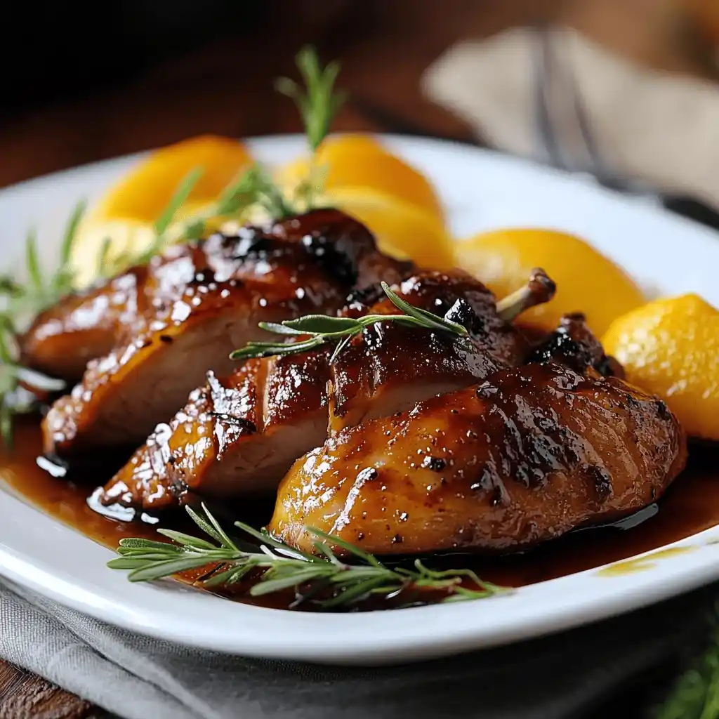 Recette canette à l’orange , servie avec une sauce brillante aux agrumes et des zestes d’orange, présentée dans une assiette élégante.