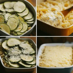 Étapes de préparation du gratin de courgette et pâte : cuisson des courgettes, mélange avec les pâtes, dressage dans un plat, cuisson au four et gratin doré.
