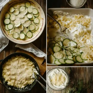 Ingrédients frais pour le gratin de courgettes à la crème fraîche et au fromage : courgettes, crème fraîche, fromage râpé, ail, sel, poivre et muscade