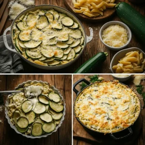 Étapes de préparation du gratin de courgettes à la béchamel, avec courgettes poêlées, béchamel maison et montage dans un plat à gratin.