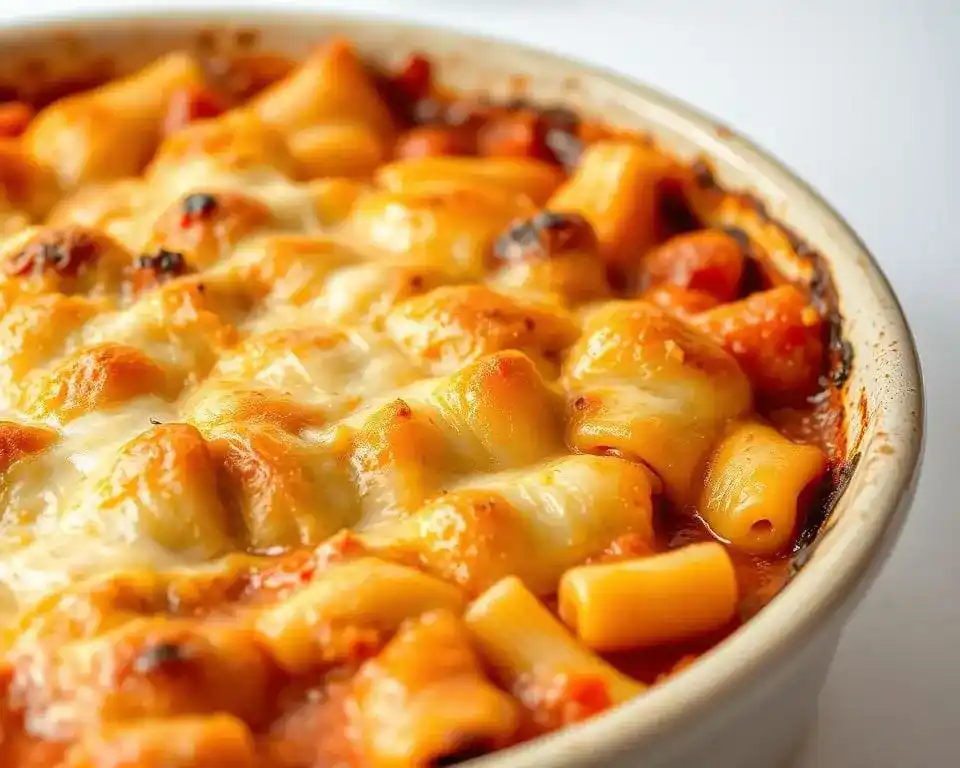 Gratin de pâtes au four avec sauce tomate, fromage gratiné et herbes fraîches