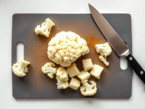 Chou-fleur détaillé en bouquets prêt à être blanchi pour un gratin de chou-fleur crème fraîche gruyère