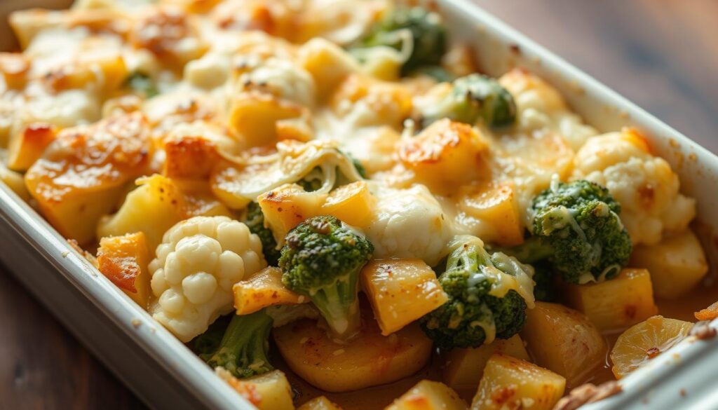 Gratin chou fleur brocolis pomme de terre dans un plat à gratin