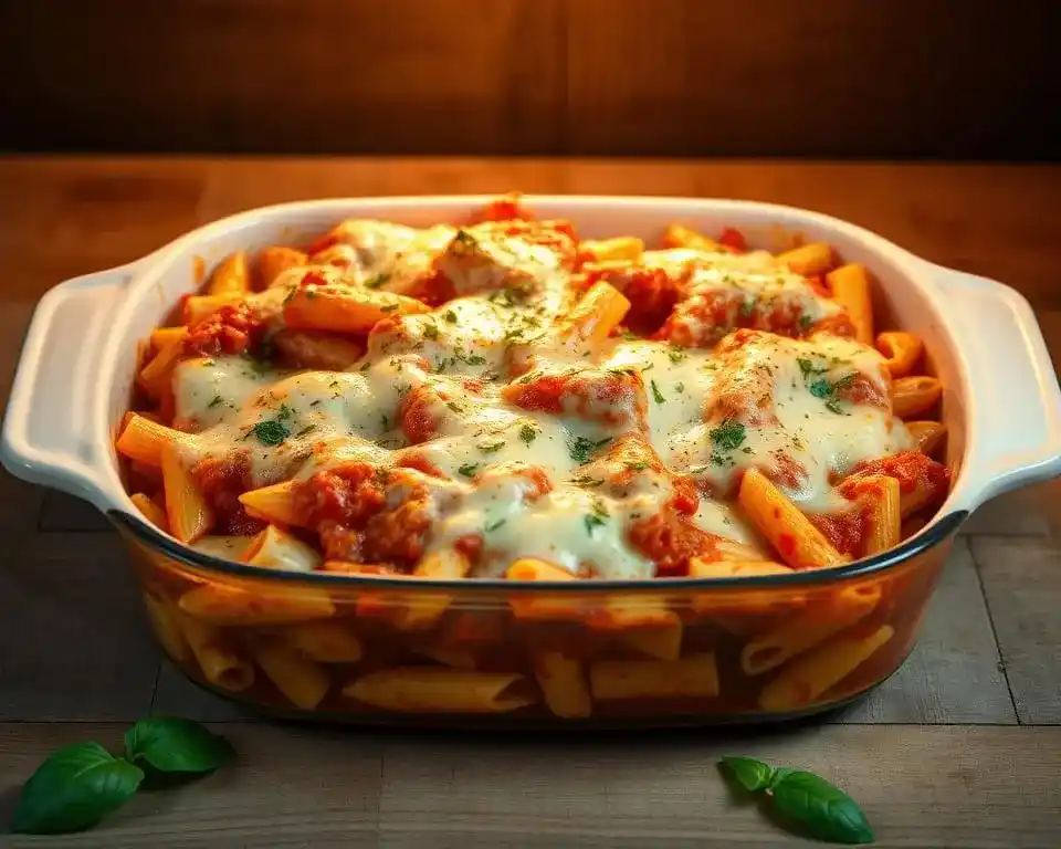 Gratin de pâtes à l’italienne doré au four avec fromage fondant, tomates et basilic