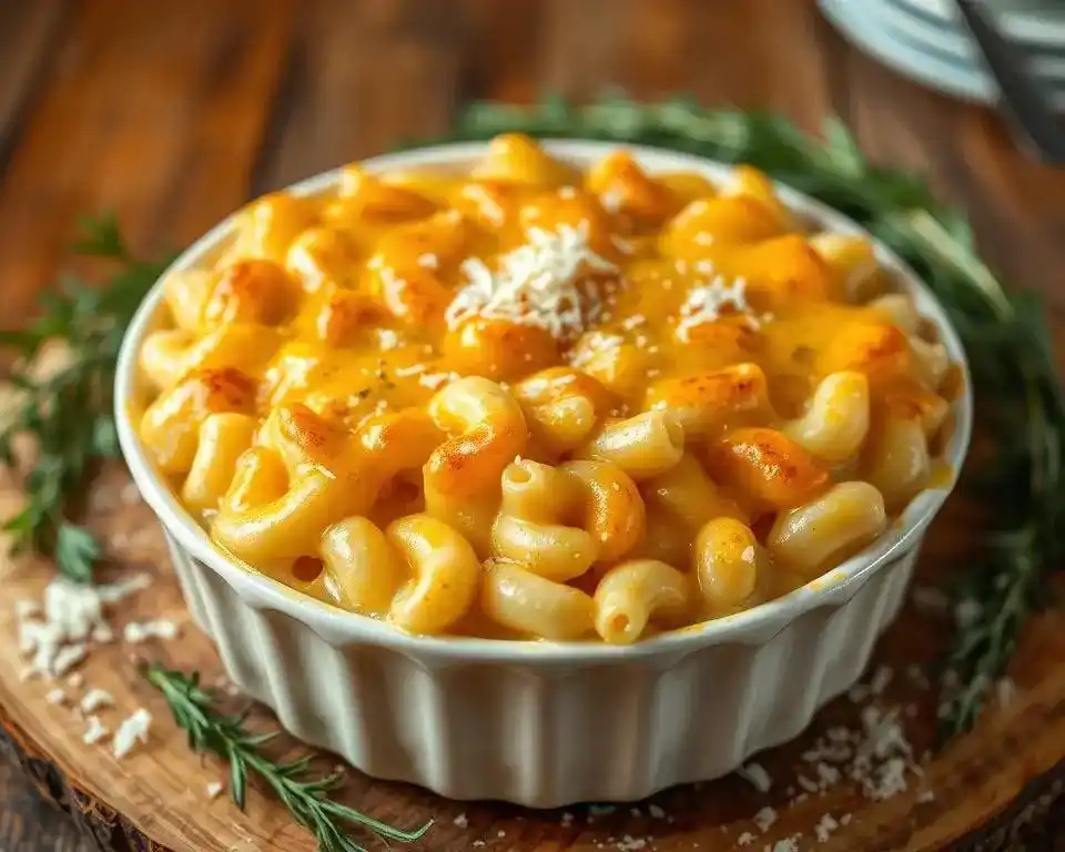Gratin de pâtes au fromage doré au four, crémeux et fondant, servi dans un plat familial