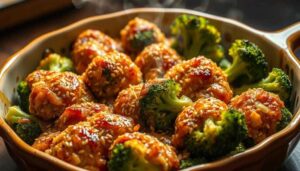 Gratin de brocoli à l'asiatique avec sauce soja, gingembre et sésame