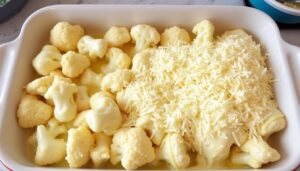 Gratin de chou-fleur traditionnel en cours de préparation avant cuisson