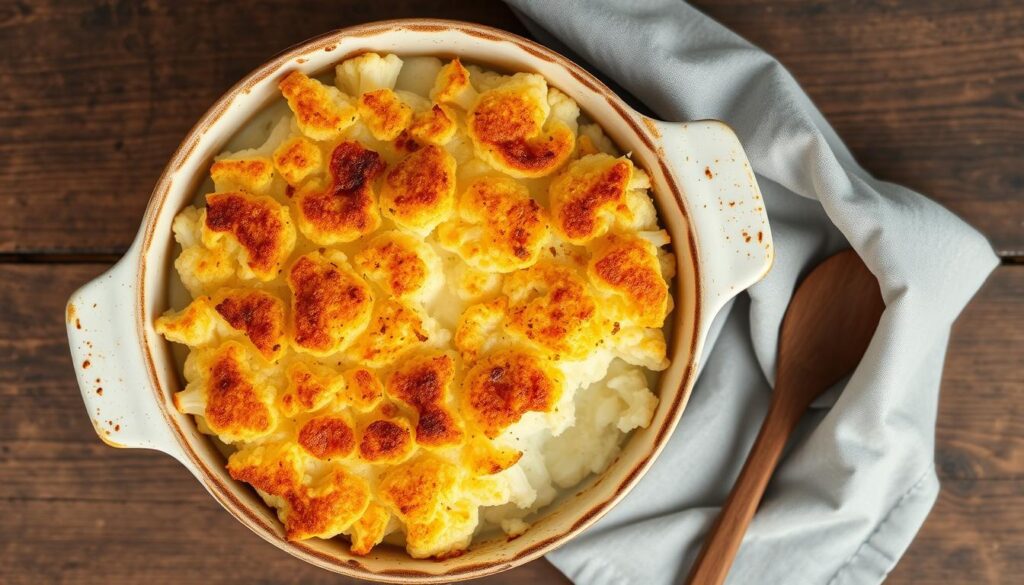 Gratin de chou-fleurs sans béchamel servi dans un plat à gratin