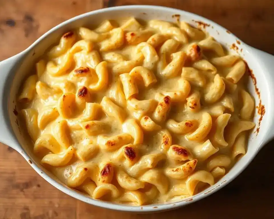 Gratin de pâtes à la béchamel: Gratin de pâtes nappé de sauce béchamel crémeuse et gratiné au fromage dans un plat doré au four