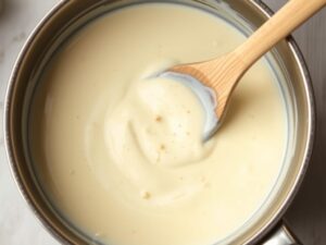 Préparation de la sauce crémeuse pour le gratin de chou-fleur crème fraîche gruyère