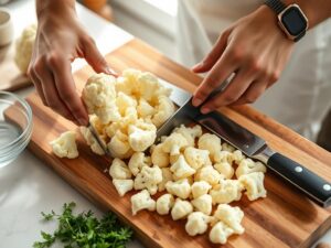 Préparation du chou-fleur pour le gratin, détaillé en bouquets