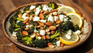 Salade tiède de brocoli rôti avec amandes, féta et citron