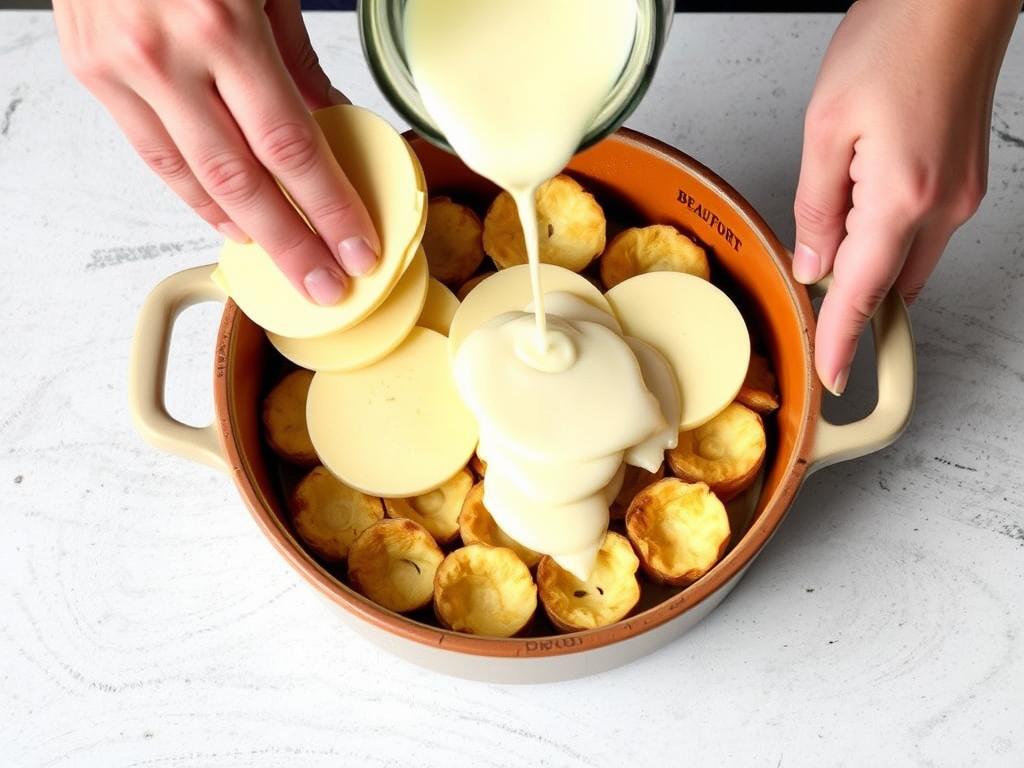 Assemblage des couches du gratin de crozet avec fromage et crème