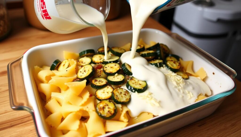 Assemblage du gratin de crozet courgette avant cuisson