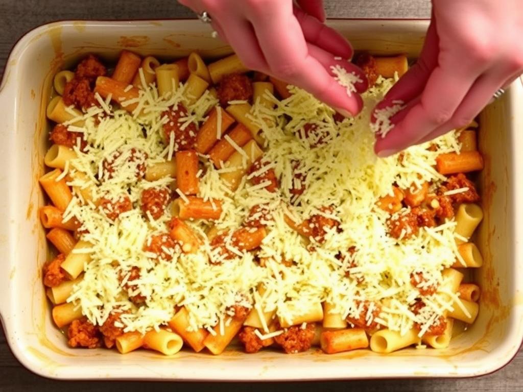 Assemblage du gratin de crozet dans un plat à four