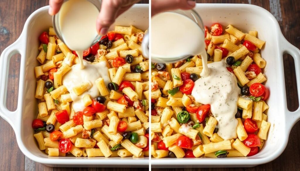 Assemblage du gratin de crozet léger dans un plat à gratin